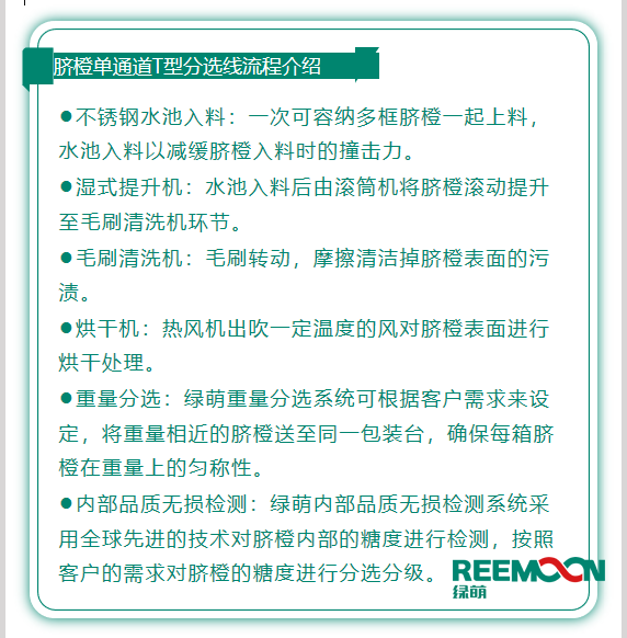 今年綠萌推出T型系列設備，專為中國果農研制的高性價比的設備，具有功能齊全、小型輕便可移動、操作簡單、易維護的優點。臍橙單通道分選線確保每箱分選過的臍橙個頭勻稱、糖酸度相近，有著穩定的品質，讓非標準的農產品標準化。該分選線專門為中國小戶果農定制，為客戶實地考察，根據客戶需求全流程設計，